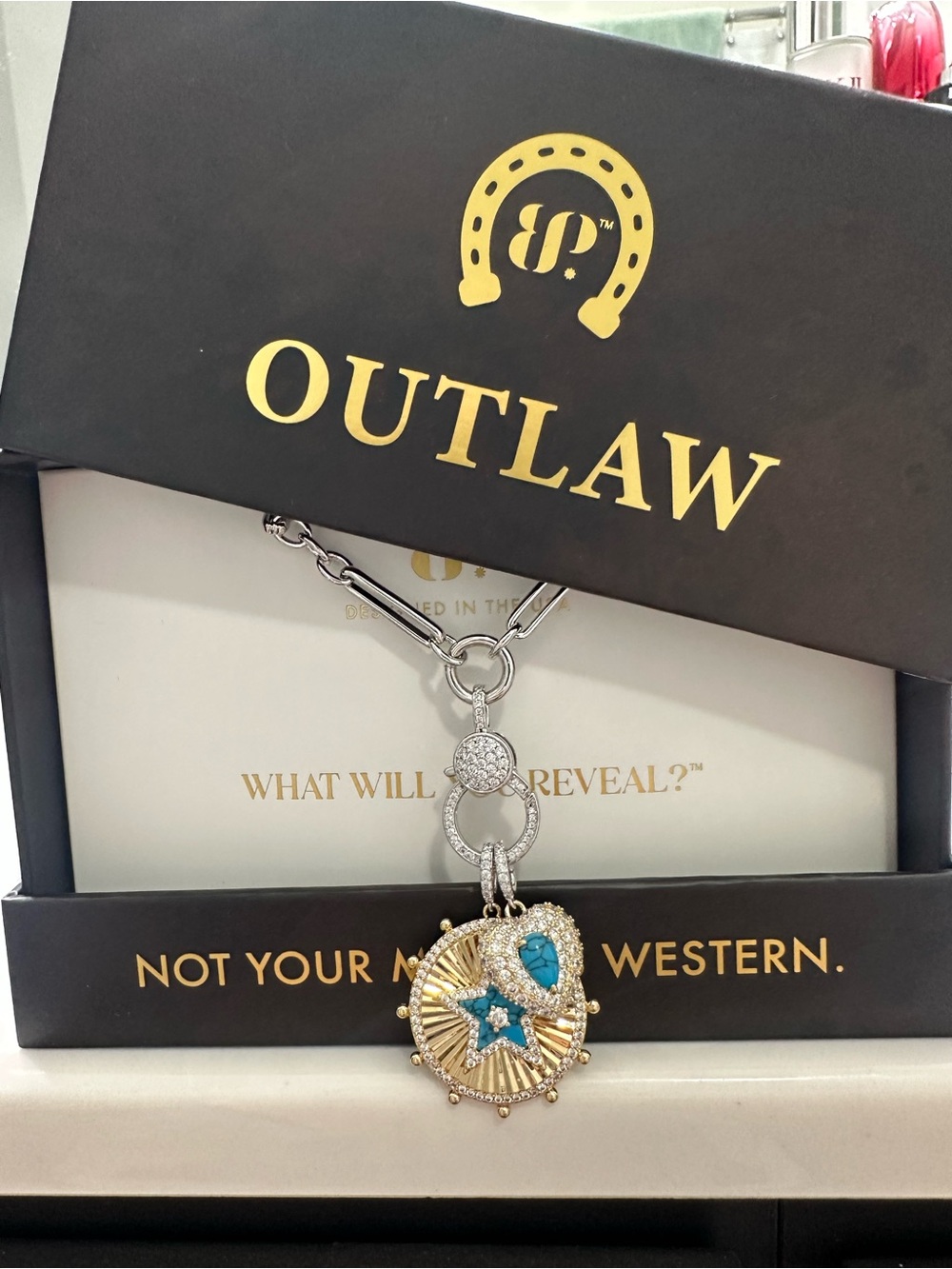 Don’t touch the assets Outlaw Silver Necklace with Turquoise Accent Pendant - Picture 1 of 3